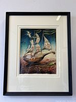 Framed painting hung on white wall showing entire composition and frame