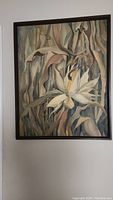 Full view of framed oil painting depicting abstract botanical design with muted earth tones