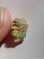 Close-up of rough boulder opal held between fingers, showing vibrant green and orange iridescent play-of-color within the beige matrix.