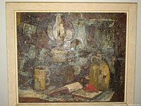 Front view of the antique still life oil painting showing aged surface with bubbling and peeling paint and vintage frame.