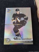 Clear image of the vintage Mario Lemieux McDonald's hockey card with holographic finish, displaying Lemieux in Pittsburgh Penguins jersey.