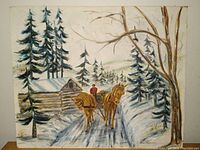 Front view of the oil painting showing snowy forest, pine trees, sugar shack, two horses pulling a sled with a person in red coat.