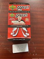 Closed 2003-2004 Upper Deck MVP hockey collectors tin with goalie graphic on lid and collector branding.