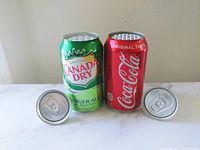 Front view of the two fake pop cans, one green Canada Dry and one red Coca-Cola, with their removable tops placed in front.