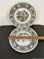 Front view of both vintage luncheon plates with a ruler showing approximately 9 inches in diameter for scale