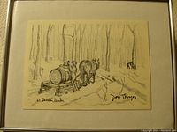 Full framed pencil drawing showing horse, barrel, two people in snowy forest. Signed Dori Thomson and location St. Jarrain, Quebec written.