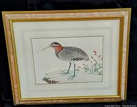 Full view of framed wildlife print showing bird illustration and wooden frame with gold trim.