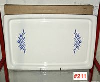Front view of the rectangular Corning Ware platter showing blue floral design.