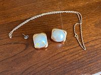 Wood surface showing rope chain necklace alongside two stud earrings, one earring back removed