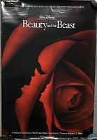 Front side of Beauty and the Beast one sheet movie poster featuring a red rose with silhouette faces on black background