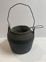 Side view of a cast iron pot with a wire handle and visible copper insert inside.
