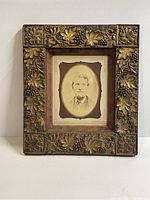 Full view of early Victorian gilt wood frame containing a black and white sepia photograph of a bearded man. Frame has detailed carvings of grape leaves and grape clusters.