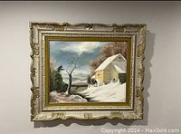 Full view of vintage framed oil painting showing snowy landscape and yellow mill building with waterwheel.