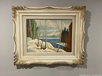 Frontal view of the framed vintage oil on board painting depicting a snowy river landscape with birch trees and evergreens.