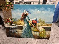 Full view of the oil painting showing the mother and daughter by stone balustrade with flowers and chairs.