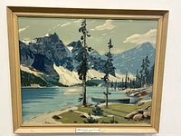 Full view of framed Moraine Lake silk-screen travel poster