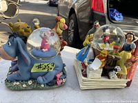 Snow globes outdoors showing detail and overall condition, clear view of characters and base