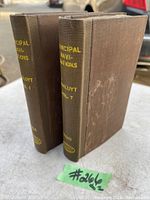 Two antique books in brown cloth binding with yellow spine lettering, volumes 1 and 7.