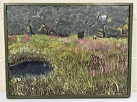 Full view of the signed acrylic painting depicting a tranquil pond surrounded by grasses and wildflowers.