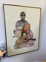 Framed abstract modernist gouache painting showing stylized musicians in soft muted earth and grey tones.