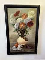 Full-frontal view of the framed oil painting showing the bouquet of dahlias.