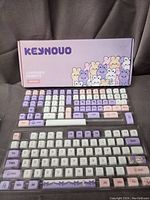 Full view of keyboard keycap set in box and separated on table, pastel lavender, pink, white colors with rabbit themed key designs.