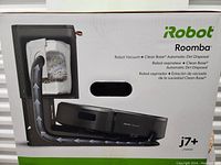 Front of retail box showing Roomba j7+ and Clean Base