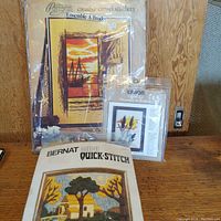 Three vintage crewel kits packaged, one larger Paragon kit in plastic sleeve showing sunset harbor scene, two smaller kits with one showing birds, one with house and river scene in Bernat kit.
