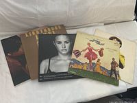 View of vinyl records with covers showing distinct artworks including The Sound of Music and Lighthouse albums.