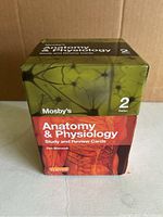 Box front of Mosby's Anatomy & Physiology Study and Review Cards 2nd Edition with cover art showing anatomical illustration of torso and text.