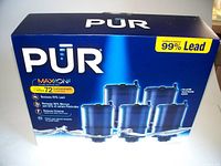 Original PUR MAXION water filter cartridge package with six cartridges inside, highlighting contaminant removal and lead reduction.