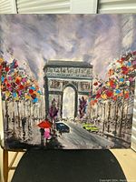 Full view of the oil painting showcasing the Arc de Triomphe with colorful foliage and rainy street scene including cars and pedestrians with umbrellas.