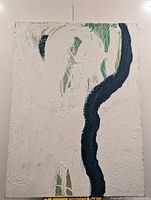 Front view of a large abstract painting on canvas featuring textured white areas with green and dark blue curved lines.