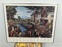 Full image of framed colorful Proverbidioms print showing intricate surreal countryside scene with many human figures and elements.