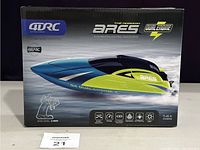 Front box of the blue and green 4DRC Ares dual engine RC racing boat showing the model, brand, and features
