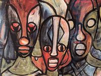 Close up of three stylized faces in the art print showcasing geometric shapes and vibrant colors red, blue, green, browns.