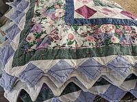 Close-up view of scalloped edges and quilt fabric pattern showing floral, cream, blue, and purple print details.