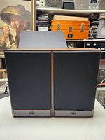 Front view of both speakers with black grills mounted, showing wood sides and PSB logo on bottom front panel.