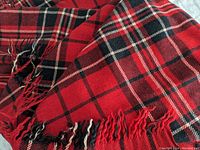 Close-up of the wool blanket showing the red tartan pattern and fringed edges, highlighting the fabric texture and color contrast.