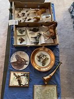 Lot overview showing various horse and dog figurines, porcelain prints, ceramic horse mug, and brass horn arranged in and around a box on a blue cloth