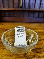 Front view of clear Waterford crystal bowl with visible etched leaf pattern and MaxSold tag