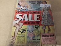 Front cover featuring summer sale items including women's shoes, dress, nylons, and rayon briefs with prices and promotional text.