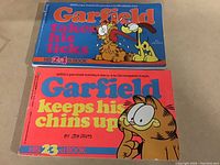 Photo showing two Garfield comic books from the 1980s side by side on a flat surface. The top book is titled 'Garfield Takes His Licks' and the bottom book is titled 'Garfield Keeps His Chins Up'. Both have colorful illustrated covers with Garfield the cat and other characters.