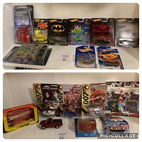 Top and bottom view showing 18 die-cast cars and accessories including Hot Wheels, Corgi, Batman, James Bond cars and custom RidZ accessories, some cards show wear.