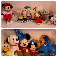 Wide photo of 7 plush toys including Minnie Mouse, three Phineas plushes, parrot, dog, and Dalmatian puppies