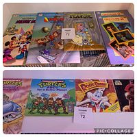 Seven vintage children's story and colouring books laid out on a shelf showing the front covers, featuring Disney and other popular 80s-90s characters such as Mickey Mouse, Chip 'n Dale, Teenage Mutant Ninja Turtles, Roger Rabbit and Gremlins.