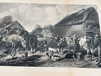 Close-up photo of the lithograph print showing the detailed farmyard scene with animals and farm workers labeled 'ENGLISH FARM YARD'