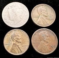 Front side of the 1891 Liberty Nickel, 1941 Lincoln Wheat Penny, 1946-D Lincoln Wheat Penny, and 1929-S Lincoln Wheat Penny showing details and wear.