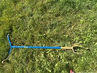 Image of a garden claw tool with a blue wooden handle and golden metal claw, resting on green grass.