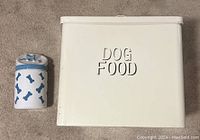 White metal Dog Food container and smaller bone-patterned container